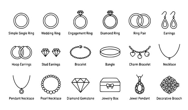 Jewelry rings earrings necklace thin line editable vector icon collection