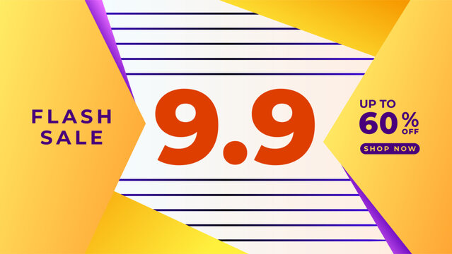 Illustration Abstract Promo Banner 9.9 Flash Sale Background with Geometric Shapes Vibrant Blue Orange Purple Gradient Color Design Vector. Good for Seasonal Marketing, Online Shopping, Social Media