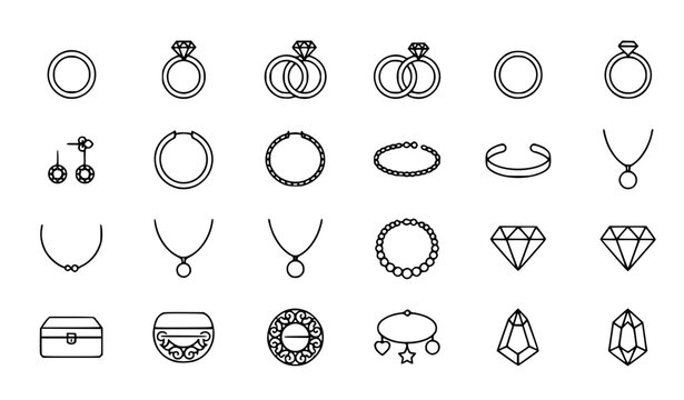 Minimal jewelry wedding ring diamond black monoline vector icon collection