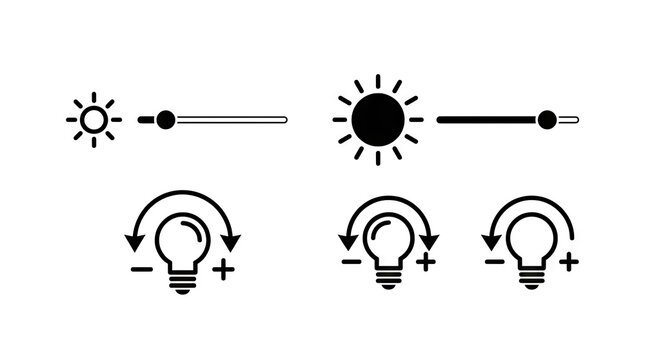 Lightbulb and brightness control interface icon set.