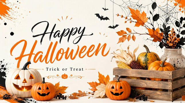 Happy Halloween Trick or Treat Greeting with Jack O'Lanterns, Pumpkins, Corn and Autumn Leaves in Rustic Wooden Crate. Halloween banner