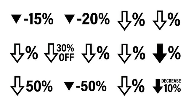 Percentage decrease and discount arrow icons.
