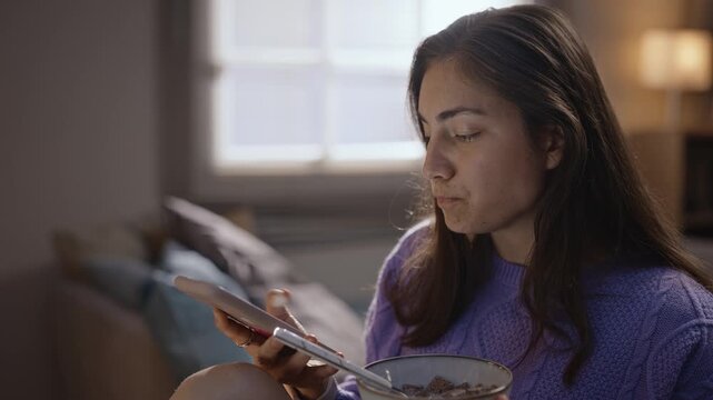 Young adult Caucasian woman eating cereal from bowl while staring intently at smartphone. Footage ideal for commercial campaigns addressing digital burnout, screen addiction, and mindless eating
