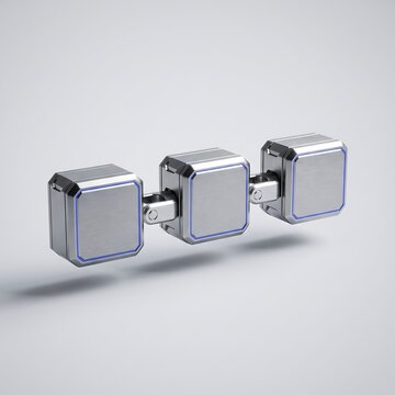 Futuristic 3D blockchain ledger blocks connected with metallic joints isolated on white background