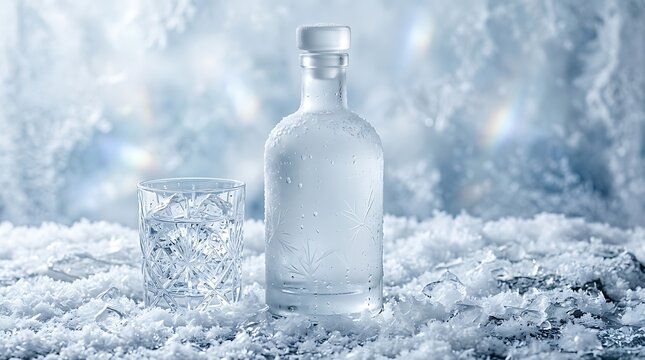 Frosty vodka bottle and a glass of ice standing on a snowy surface in winter time