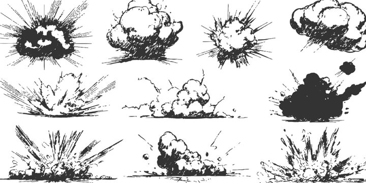 Hand-drawn black and white comic explosion smoke clouds and blast effects graphic design vector illustration.