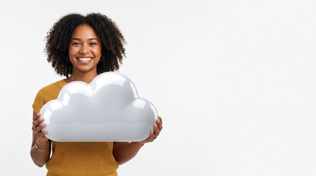 Happy young black woman holding glossy white 3D cloud icon representing network technology and data storage services