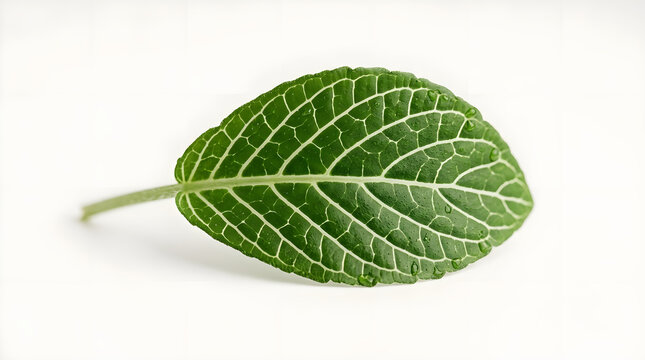 Single fresh green mint leaf isolated on white background for culinary and herbal design.