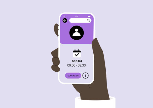 Hand holds a smartphone displaying a sleek appointment app, The screen features a date and time, highlighting important scheduling details for easy access.
