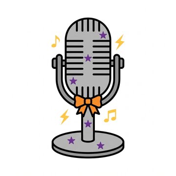 Retro microphone vector illustration with Halloween themed details, purple stars, an orange bow, musical notes, and lightning bolts on a white background.