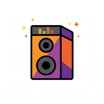A modern Halloween party speaker illustration in vibrant orange and purple tones, complete with a digital equalizer display and sparkling star accents on a white background.