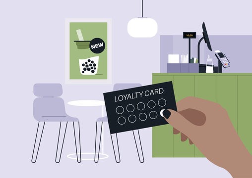 Patrons enjoy their time at a vibrant cafe, eagerly filling their loyalty cards with stamps for tasty beverages, A sense of excitement fills the air as rewards await.