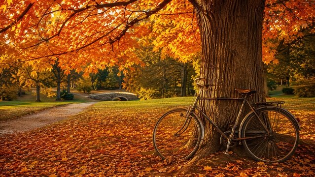 Vintage bicycle leaning against majestic autumn tree in colorful park with golden leaves and peaceful pathway
