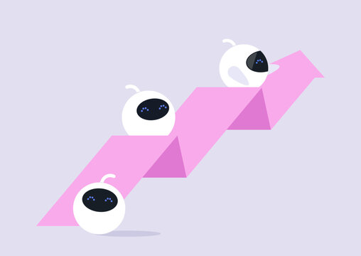 Three whimsical white robots move cheerfully up pink arrow, symbolizing growth and success in a vibrant space, Their playful nature invites curiosity and wonder.