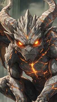 Powerful horned demon made of cracked volcanic rock stares forward with glowing orange eyes and molten lava beneath its skin. Dark fantasy monster and infernal creature concept.