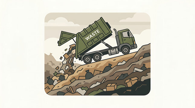 A green waste truck dumping garbage at a landfill site