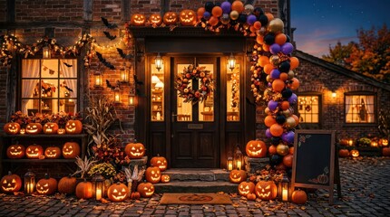 Fototapeta premium House porch decorated with many glowing jack o lanterns for Halloween