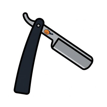 Halloween themed straight razor vector illustration featuring a black handle, sharp steel blade, orange jack-o-lantern pumpkin, and bat icon.