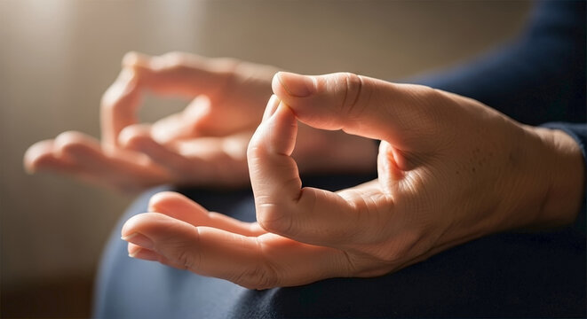 Hands in Gyan mudra pose for inner peace and mindfulness on meditation blogs, holistic wellness articles, and spiritual guidance websites