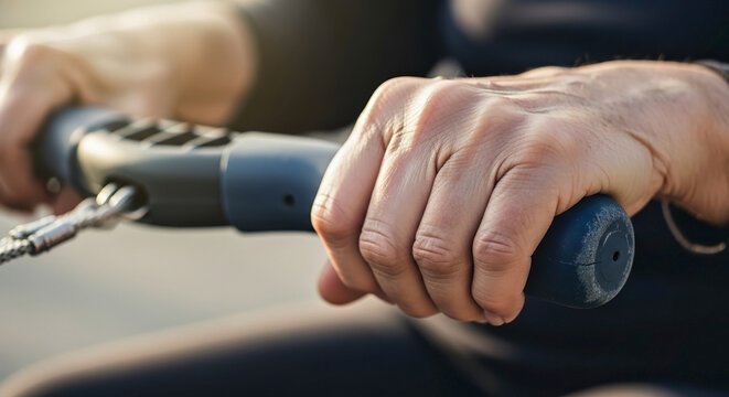 Senior hands gripping adaptive equipment for elderly grip strength, active lifestyle blogs, outdoor activity websites, rehabilitation exercises, and healthy aging awareness.
