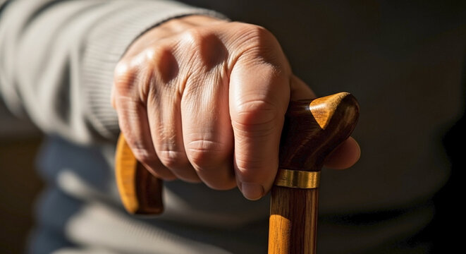 Senior Hand Gripping Walking Cane Handle Symbolizing Elderly Support, Mobility Aid, Geriatric Care, Independent Living, and Senior Wellness for Health Websites and Awareness Campaigns