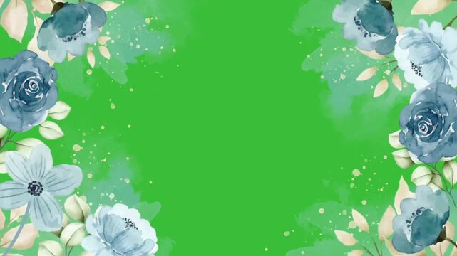 Blue watercolor floral frame animation on green screen background, keyable romantic botanical flower border
