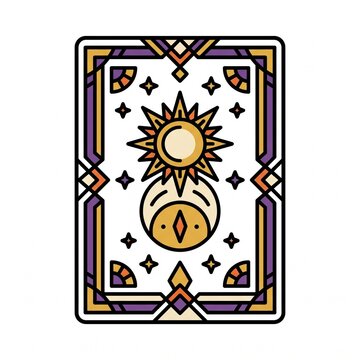 A stylized tarot card featuring an owl, sun motif, and celestial stars enclosed within a geometric border.