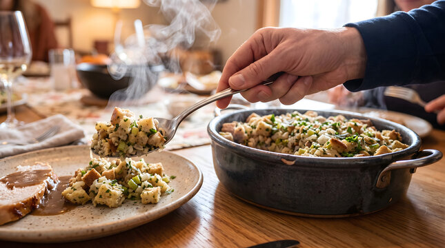 Hand serving Thanksgiving stuffing at dinner table