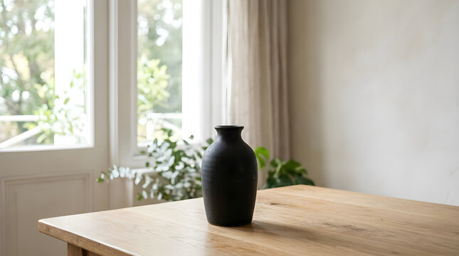 Black ceramic vase on wooden table in bright minimalist home interior living space