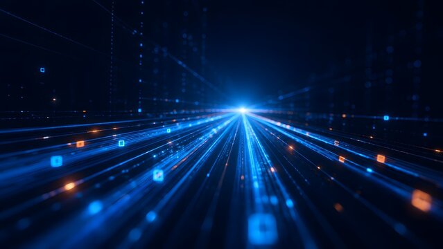 High speed digital data highway with blue glowing lines and particles representing fast internet connection and cyberspace information flow
