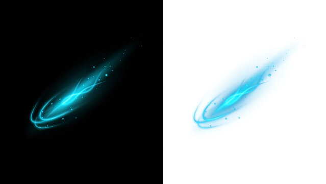 Glowing blue comet or meteor light streak with particles on black and white backgrounds