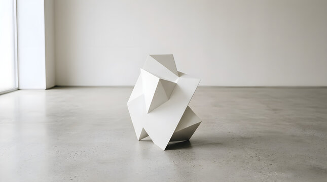 Abstract white geometric sculpture standing on a minimalist concrete floor in a studio.