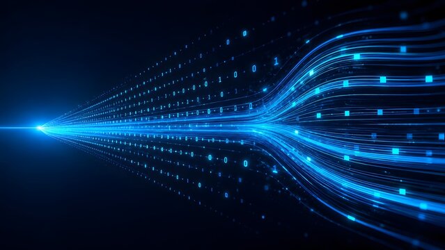 High Speed Binary Code Streaming Through Blue Fiber Optic Cables In Digital Cyberspace