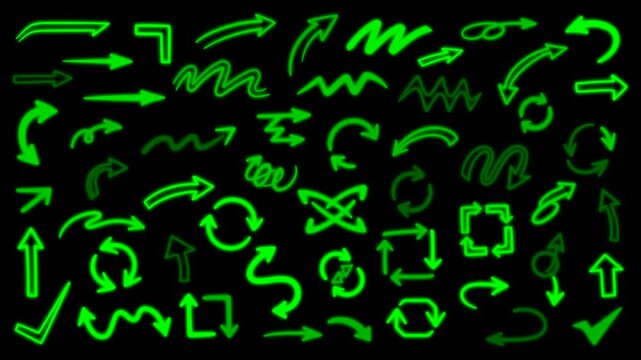 Neon Green Glowing Doodle Arrow Set for Creative Design and Digital Pointer Interface Icon Elements