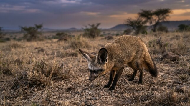 Bat-Eared Fox in Savannah: A striking bat-eared fox with its characteristic large ears stalks through the dry, sun-baked savannah under a dramatic twilight sky.