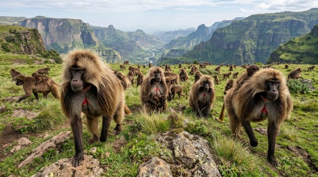Gelada Monkeys in Simien Mountains: A troop of gelada monkeys moves across a grassy landscape in the dramatic Simien Mountains of Ethiopia, showcasing their unique social dynamics and habitat.