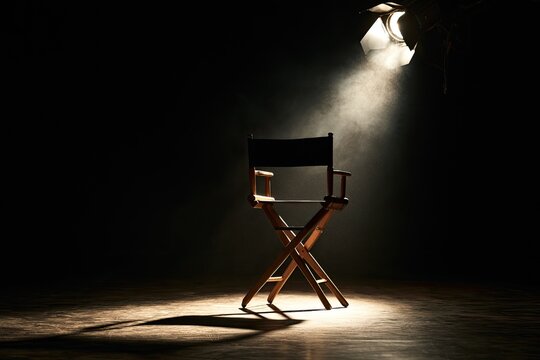 A director's chair sits empty in a spotlight, creating a dramatic atmosphere