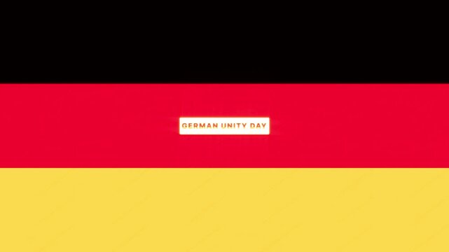 Animated German Unity Day text banner on black red gold flag stripe background, representing Germany national holiday celebration, patriotic anniversary and greeting animation concept