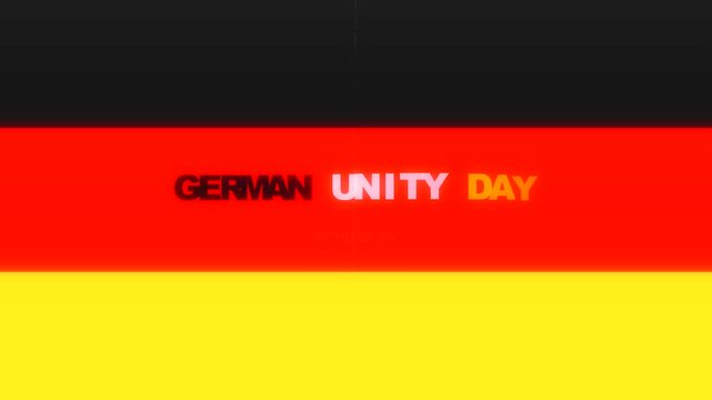 Animated German Unity Day text banner on black red gold flag stripe background, representing Germany national holiday celebration, patriotic anniversary and greeting animation concept