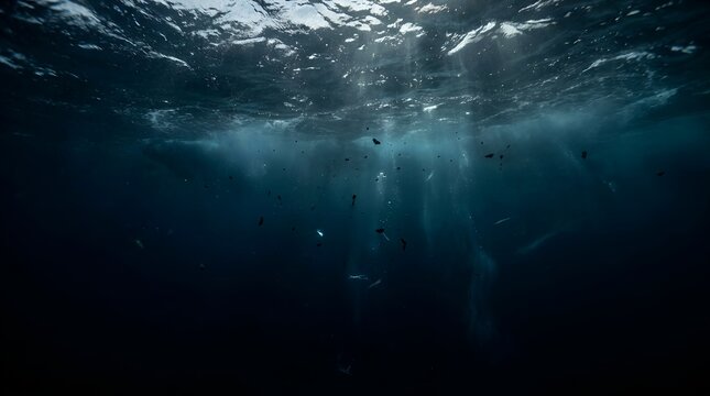 Sunlight penetrates deep ocean water creating ethereal rays and dark depths aquatic