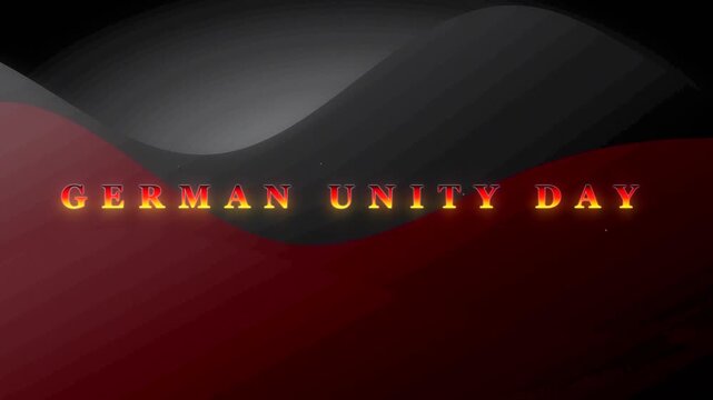 German Unity Day typography text greeting hovering over dark black red yellow waving national flag color graphic. Germany nation patriotism holiday festival celebration loop animation.