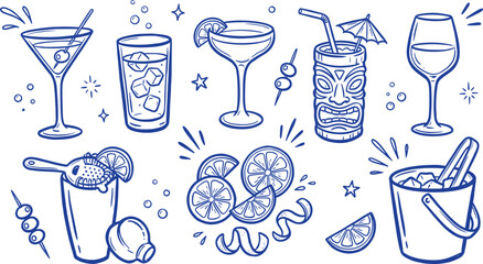 Hand drawn cocktail and bar drinks doodles vector set featuring tiki mug and citrus isolated © Irfan