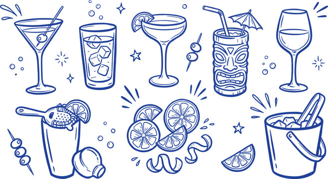 Hand drawn cocktail and bar drinks doodles vector set featuring tiki mug and citrus isolated