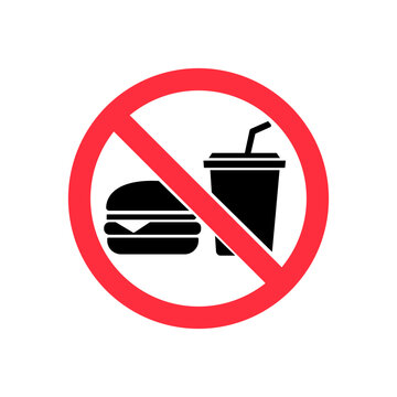 Prohibited food and drink sign featuring a bold red circle with a diagonal slash crossing over black burger cup silhouettes