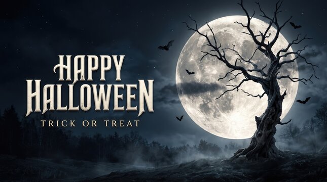 Dark, eerie halloween background greeting card, digitally composed with dramatic full moon, spooky tree, bats, "happy halloween trick or treat" text, misty blue night.