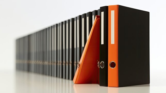 A long row of black binders with one bright orange binder in front