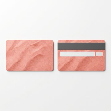 Minimalist pink credit card mockup, front and back view of plastic bank card with sand texture, modern debit card design template
