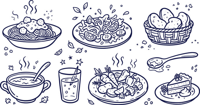 Hand drawn lunch and dinner doodles vector set featuring pasta salad and soup isolated