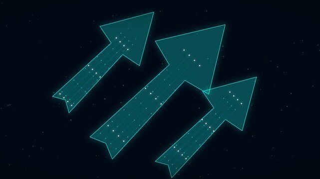 Abstract digital background featuring repeating patterns of glowing teal technological arrows moving upwards