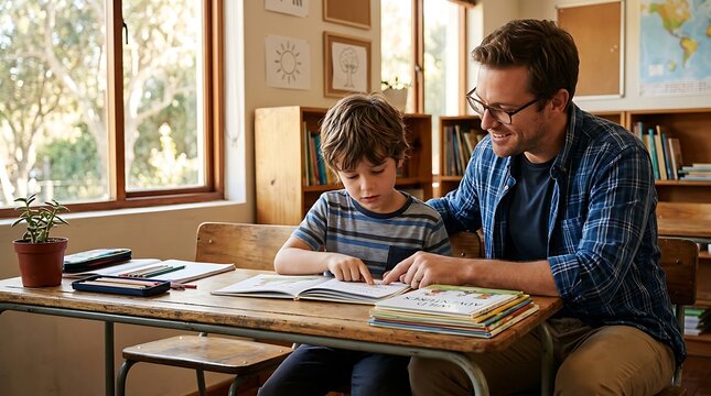 Teacher assisting young boy with reading book in classroom